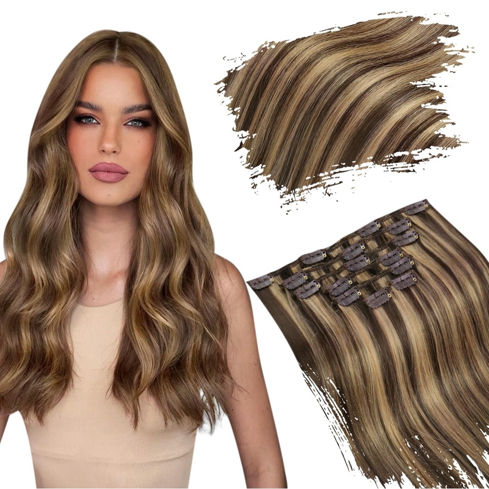 HUMAN HAIR Clip in Hair Dark Brown Mix Caramel Brown Extensions Full Head 16inch